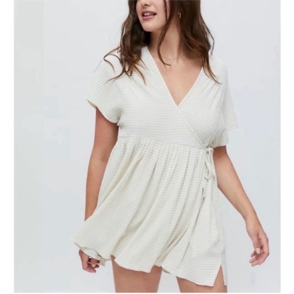 Urban Outfitters Dresses & Skirts - Urban Outfitters Cream Ribbed Wrap Mini Dress